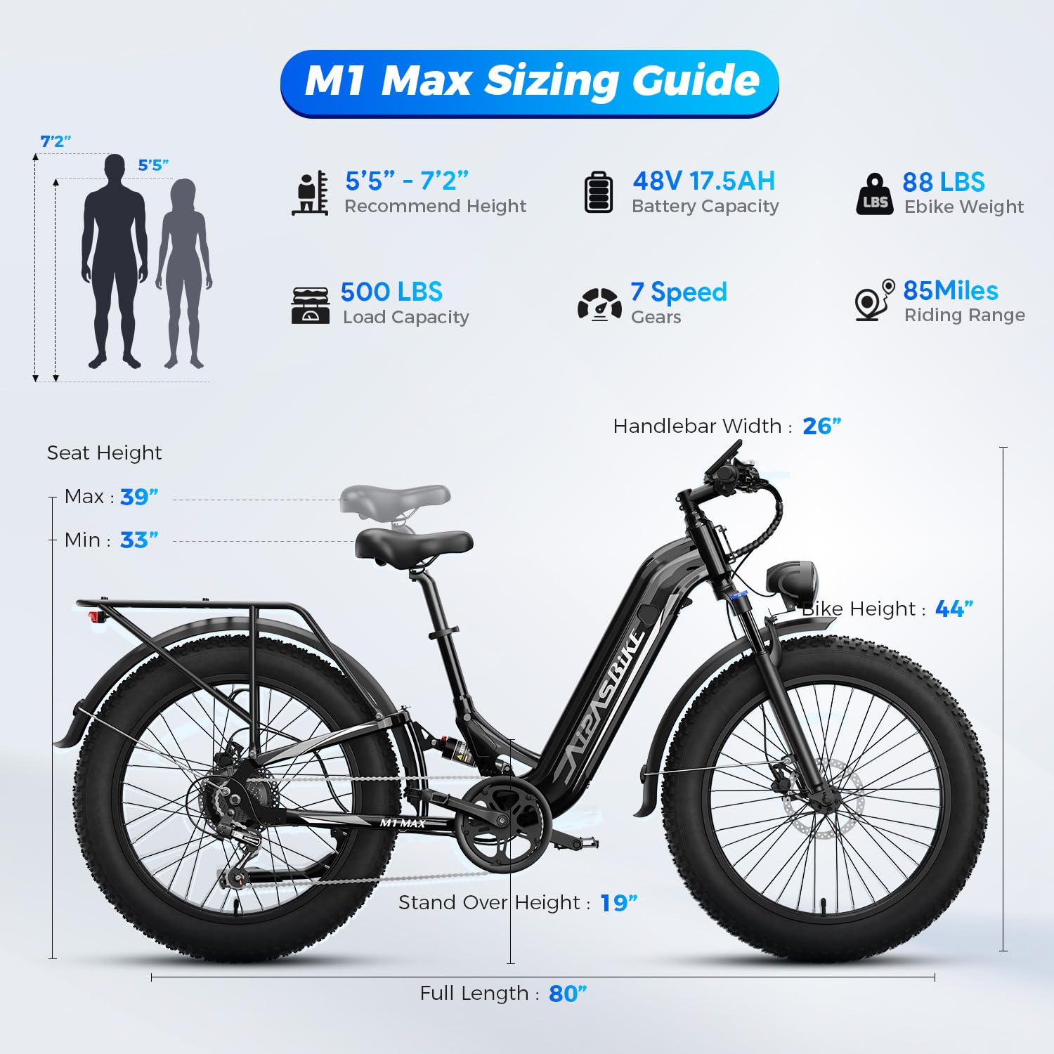 Aipas M1 Max Electric Bike for Adults, 1800W Peak Motor Ebike, 48V 17.5Ah Battery, 26" Fat Tire Electric Mountain Bike, 85 Miles Range, Hydraulic Disc Brakes & Air Suspension with with Combo Baskets