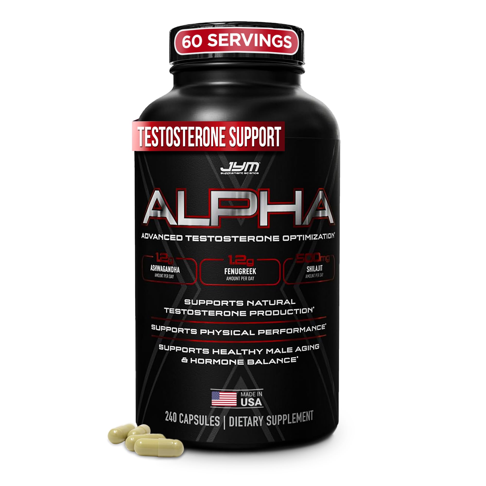 JYM Supplement Science Alpha JYM X Advanced Testosterone Booster - Vitality, Optimization, DHEA, Ashwagandha, Boron, Shilajit, Fenugreek, Eurycoma, Damiana, Quercetin, DIM (240 Capsules)