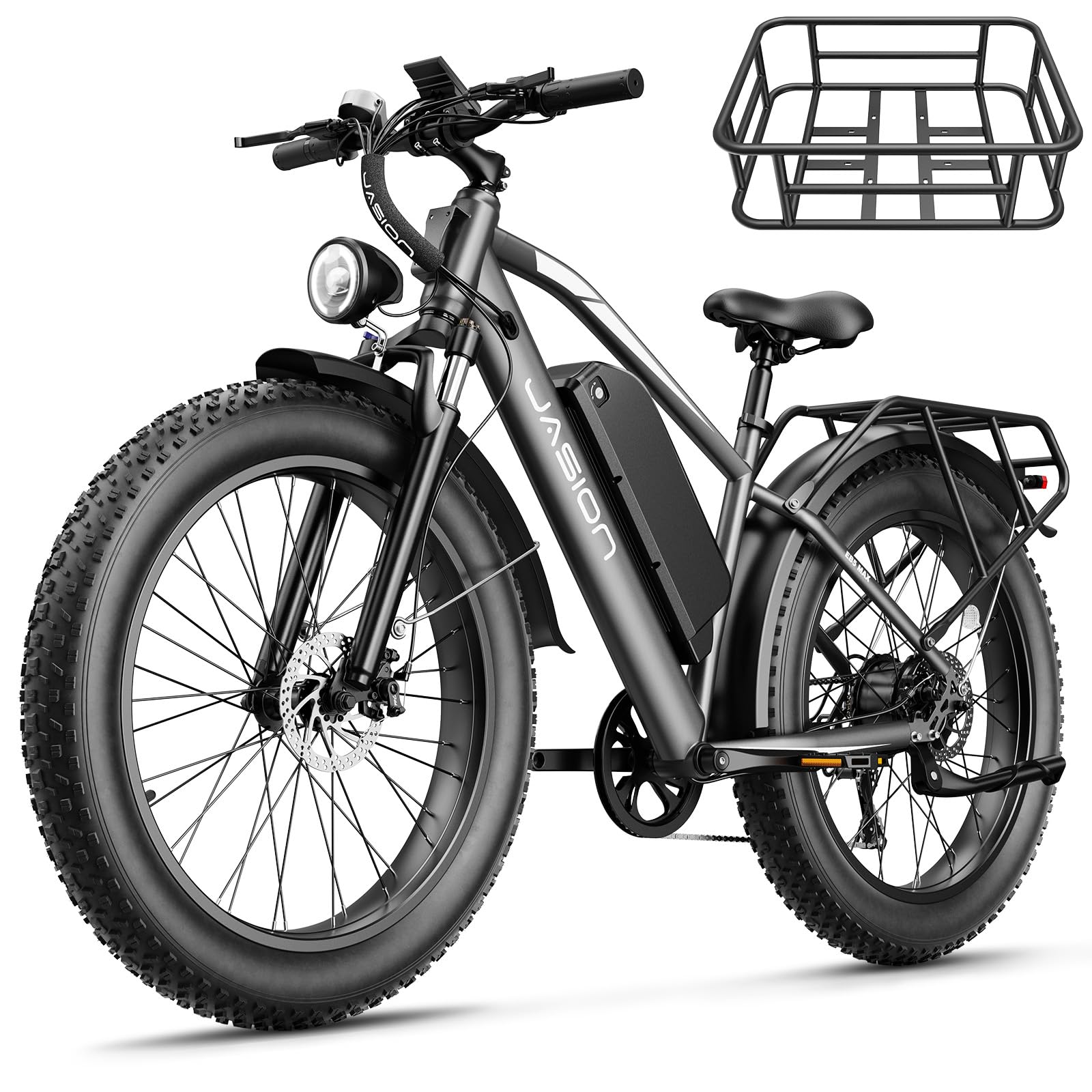 Jasion EB5 MAX Electric Bike for Adults with 2000W Peak Motor, 48V 15Ah (720Wh) Battery Electric Mountain Bike, 26'' x 4'' Fat Tire Ebike, 28+MPH Speed, Cruise Control, with Fenders, Rear Rack