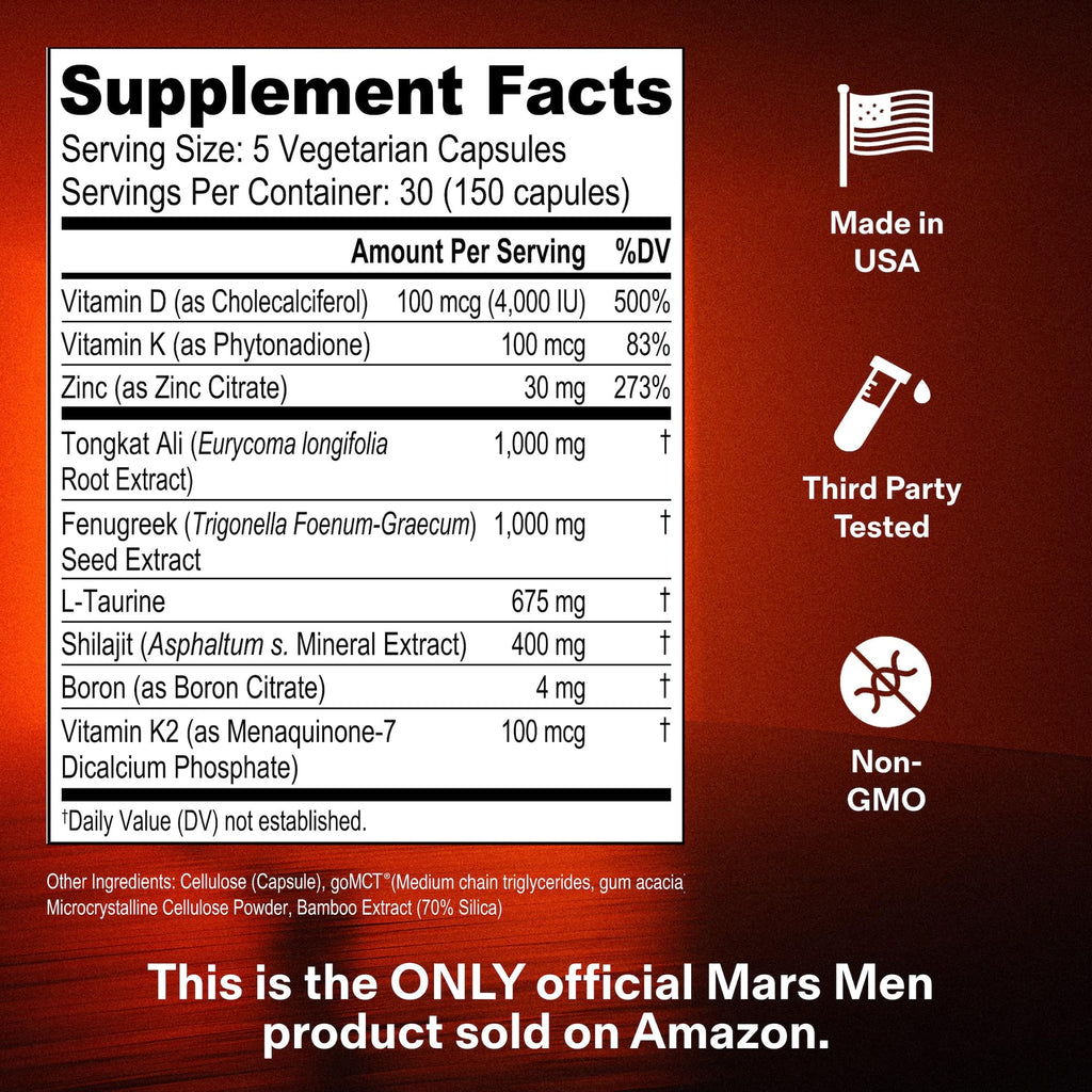 MARS MEN Testosterone Booster for Men - Natural Supplement Premium Tongkat Ali, Fenugreek, Shilajit & Boron - Male Support - Libido, Energy & Muscle Growth Support - 30 Servings + Travel Tin