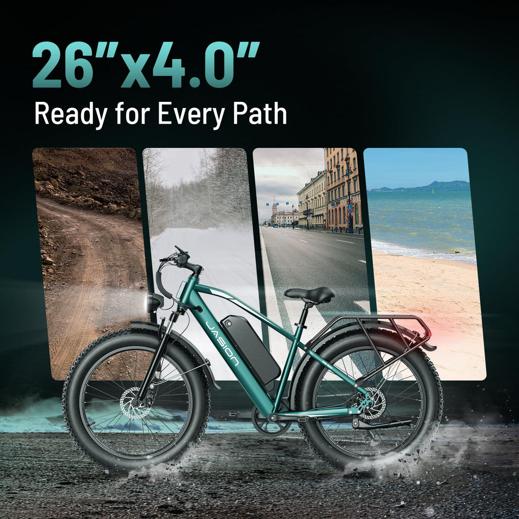 Jasion EB5 MAX Electric Bike for Adults with 1500W Peak Motor, 48V 15Ah (720Wh) Battery Electric Mountain Bike, 26'' x 4'' Fat Tire Ebike, 28+MPH Speed, Cruise Control, with Fenders, Rear Rack