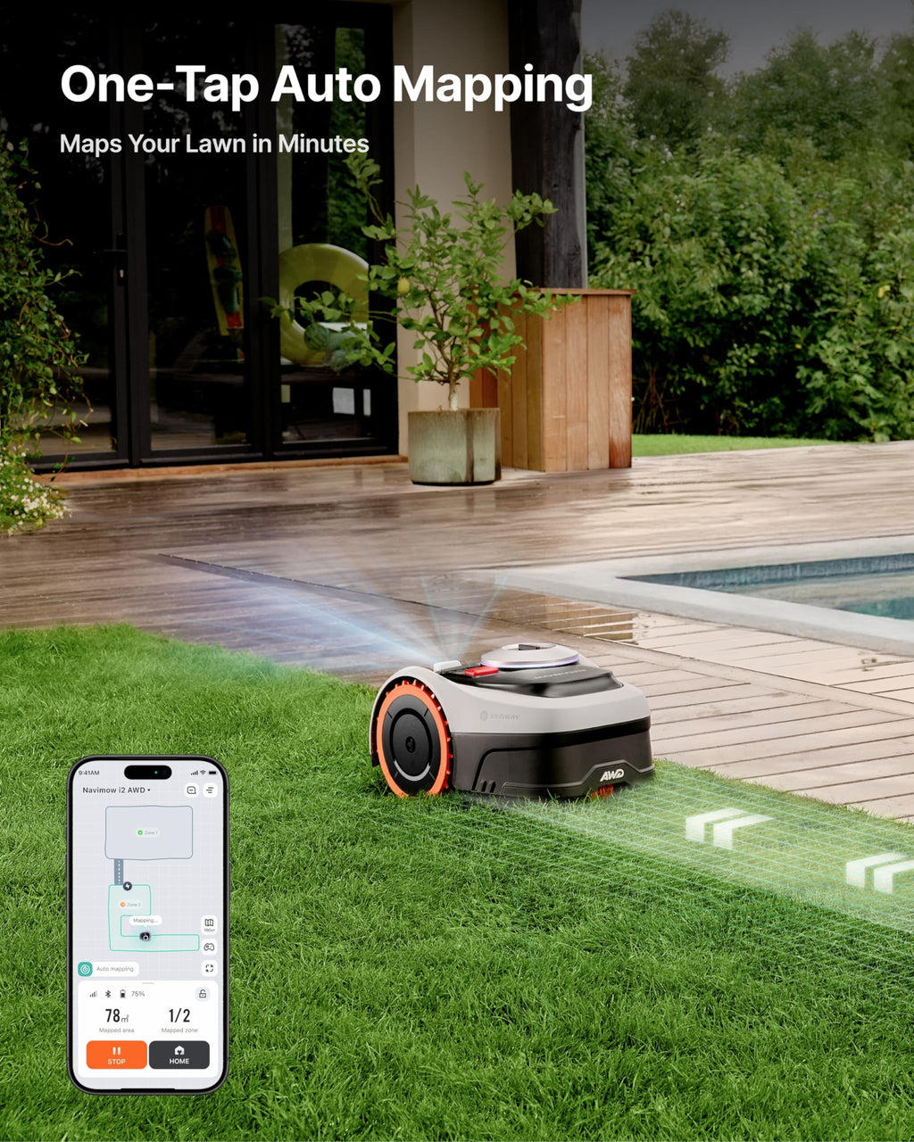 Segway Navimow i210 AWD Robot Lawn Mower Wire Free with Garage S, All-Wheel Drive for 45% Slopes, EFLS NRTK + Vision Auto Mapping, Covers 1/4 Acre (Garage Shipped Separately)