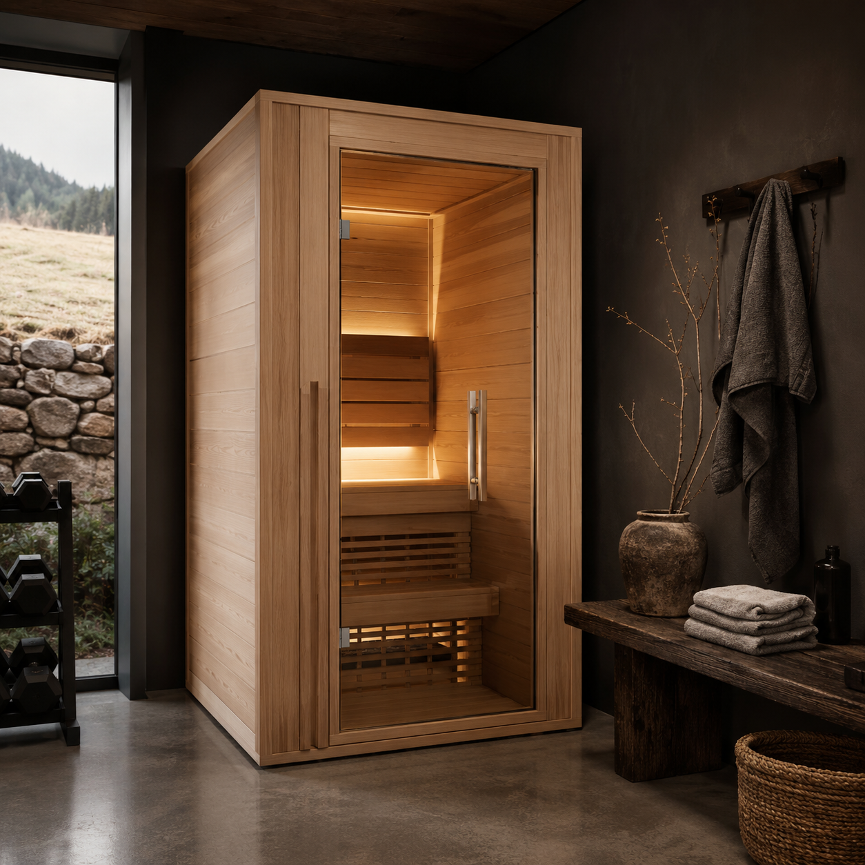 Original YMF-style compact Canadian hemlock indoor sauna scene