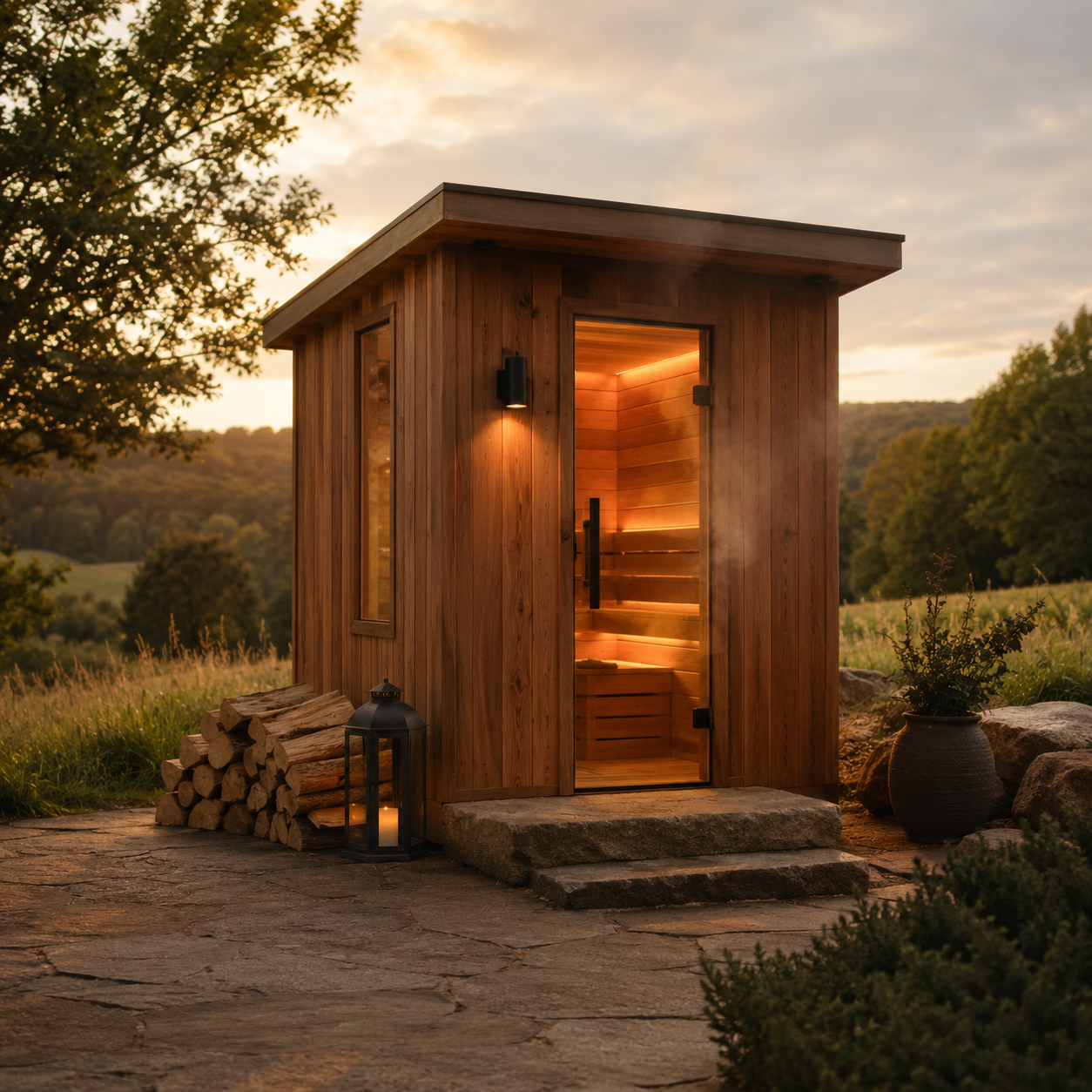 Original YMF-style outdoor sauna recovery scene