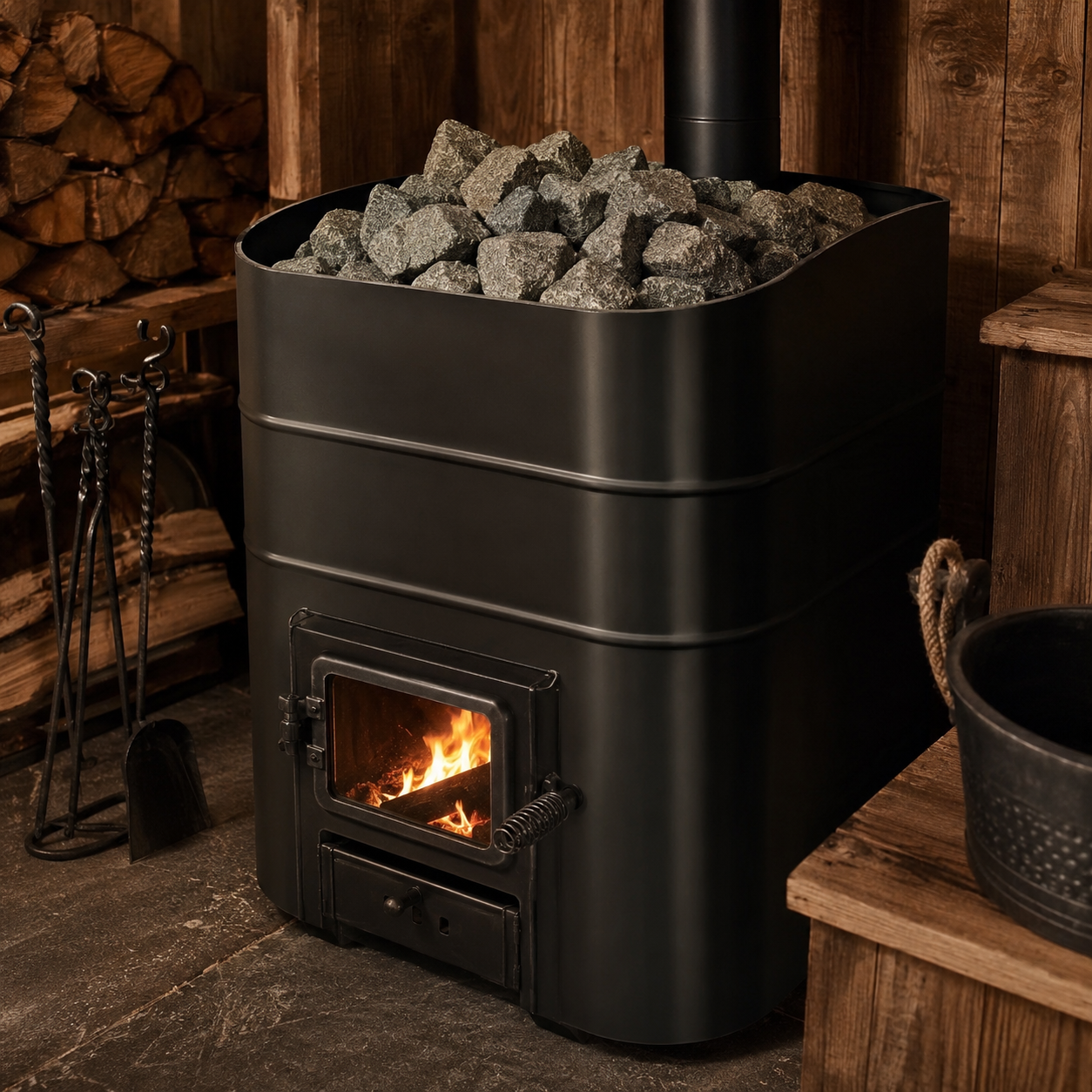 Original YMF-style wood-fired sauna heater detail