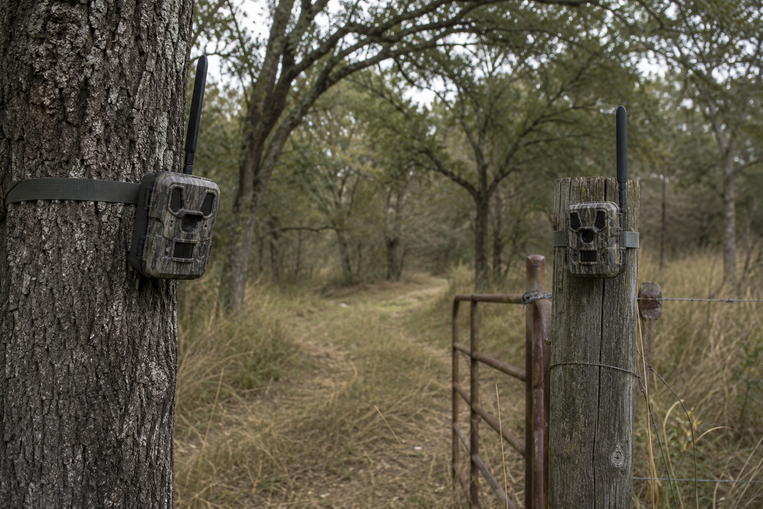Twin cellular trail cameras positioned on a wooded property trail