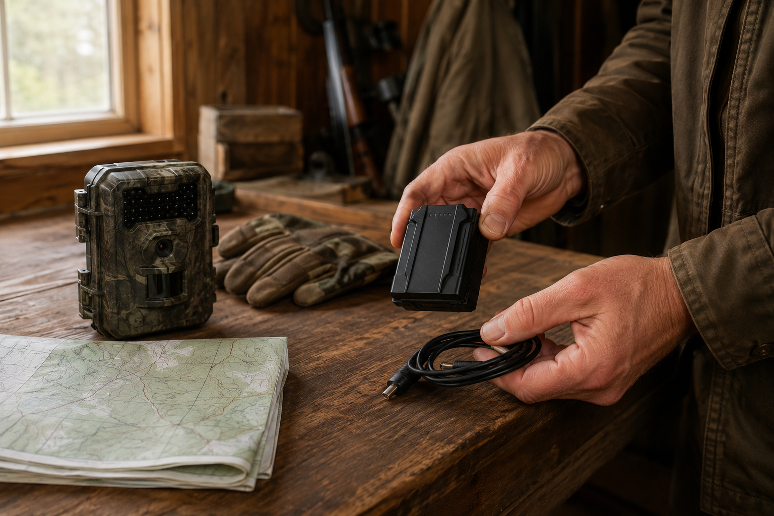 Rechargeable trail camera battery prepared on a barn workbench
