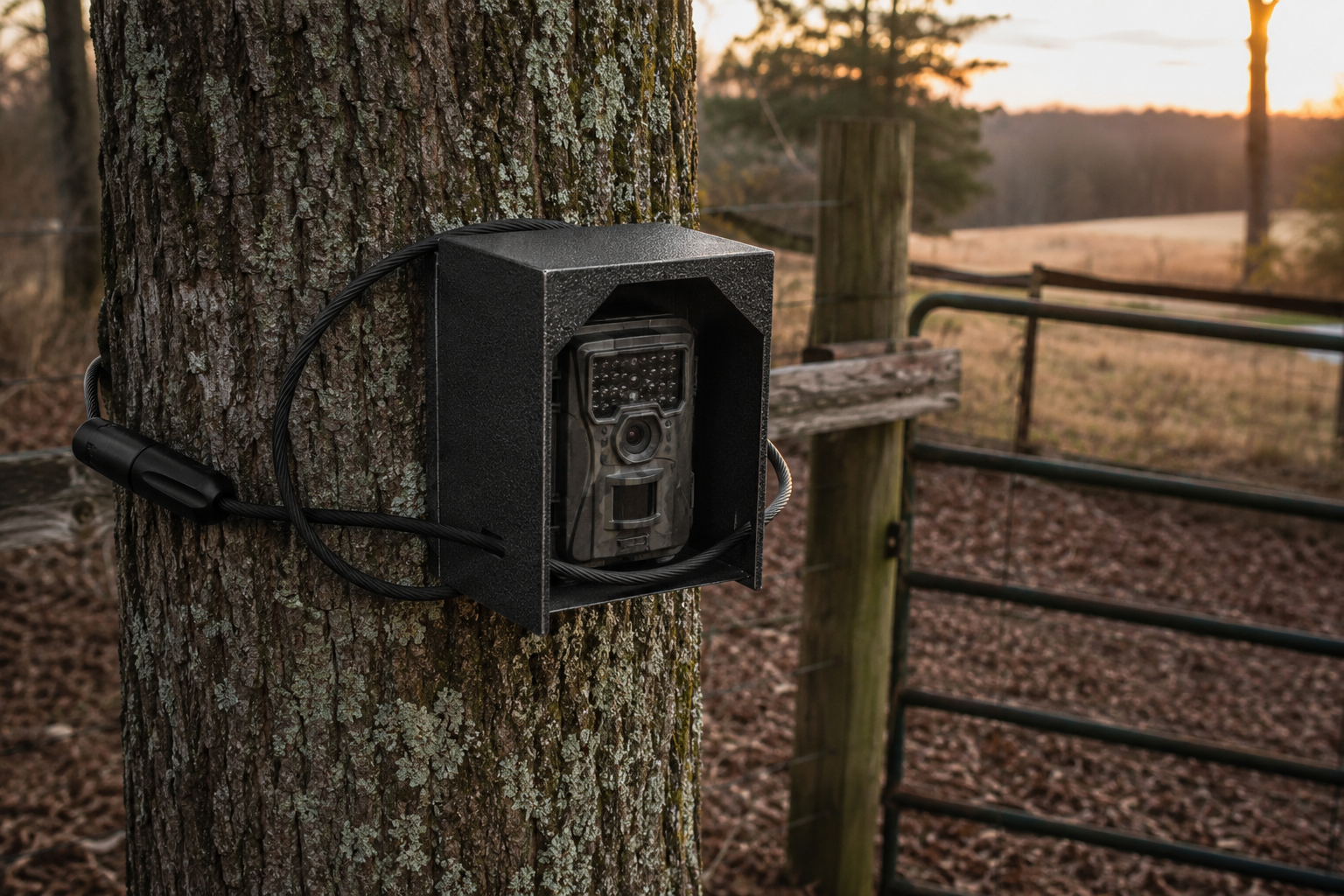 Trail camera secured to a tree with a metal lockbox and cable lock